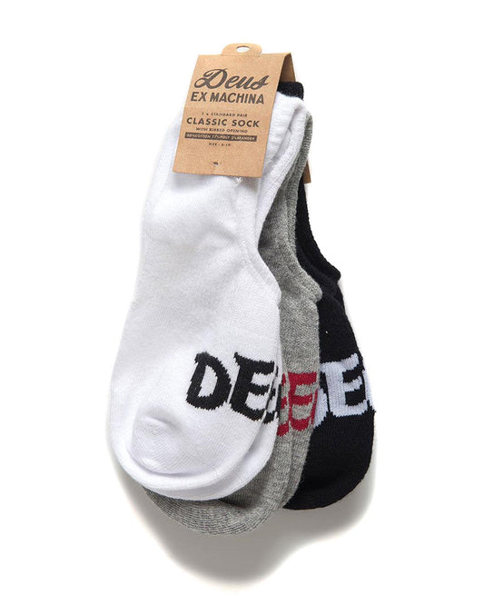 Multi-coloured 3 pack multi no show sock with jacquard art, 73% cotton 22% poly 6% spandex fabrication|Flatlay